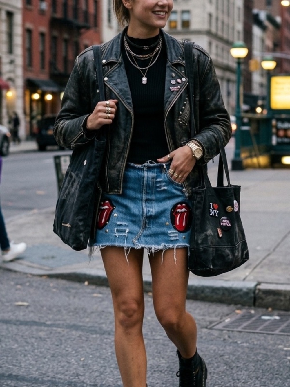 Distressed Blue Denim Mini Skirt with Red Lip Patch Accents